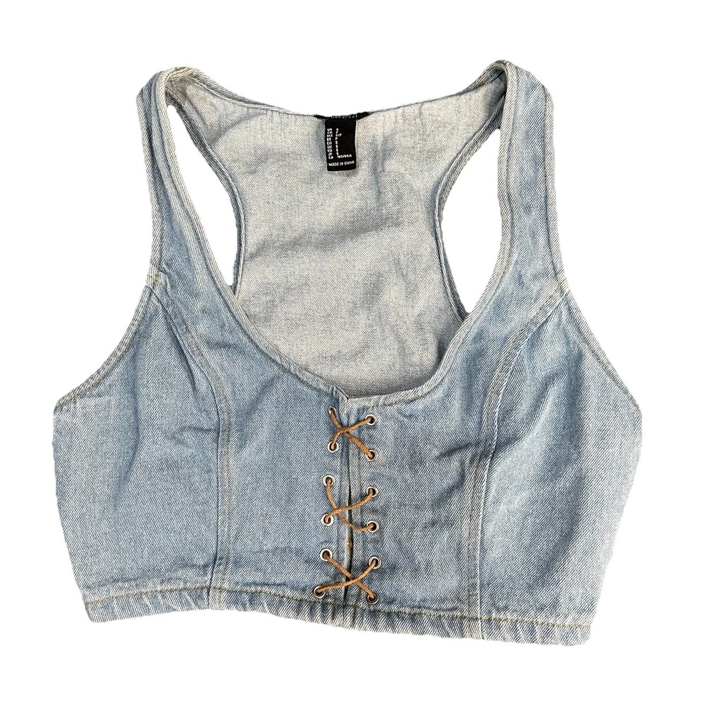 Forever 21 Light Wash western Denim Vest Tank Top Bra Sz Sm side zip‎ tie front